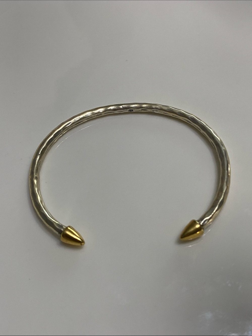 Hammered Sterling Silver Open Cuff Bracelet with Gold Cone Ends